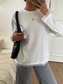 SHEIN EZwear 白色針織女款圓領長袖對比蕾絲T恤 - 白色 - 查看 8