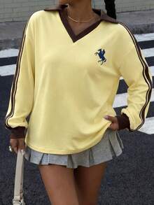 Muchica 女款騎士圖案拼接配色休閒日常長袖運動衫 - 鵝黃色 - 查看 6