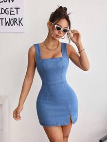 SHEIN PETITE 女款方領無袖修身休閒牛仔洋裝，適合嬌小身型女性 - 藍色 - 查看 3