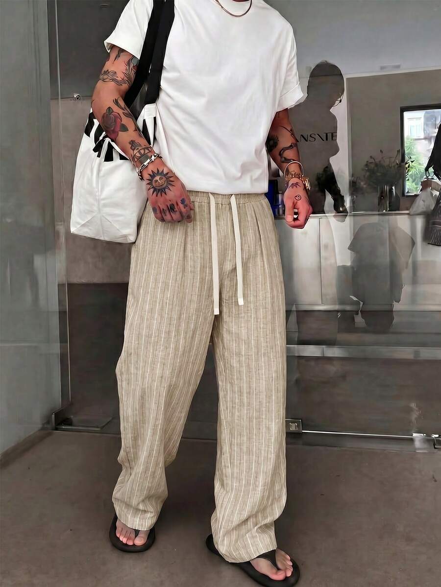 STEELVANCE 男士抽繩腰條紋休閒百搭日常旅行長褲 - 摩卡棕 - 查看 1