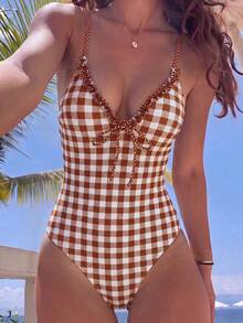 Swim Mod 女款度假海灘休閒拼接復古棕色格紋印花V領＋荷葉邊細肩帶開背連身泳衣，前綁帶設計，適合運動與海灘，春假與夏季度假季節。2026泳裝。法式風格泳衣。歐式夏季泳衣。夏季穿搭 - 彩色 - 查看 8