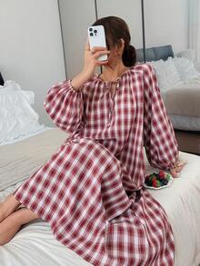 Livesso 女款簡約百搭格紋綁帶寬鬆休閒居家洋裝 秋季 - 紅色 - 查看 1