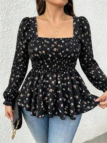 SHEIN Holidaya Women's Long Sleeve Ditsy Floral Blouse For Date And Commute - Black - View 3