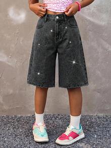 Tween Girl Tween Girl Casual Daily Denim Shorts With Pockets, Buttons And Rhinestones - Black - View 2