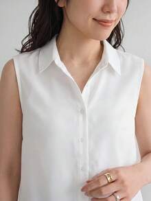 Yumoku 女款純色單排扣休閒無袖梭織襯衫 - 白色 - 查看 7