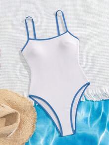 Swim Mod 春夏新款歐美風性感三角高衩比基尼泳衣，純白色與粉色紋理布料搭配藍色對比滾邊，小胸托高雙肩帶，性感連身泳衣套裝，適合女性與女孩，甜美清新顯瘦，適用溫泉、海灘、度假、生日派對 - 白色 - 查看 4