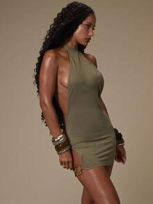 MUSERA Green High Neck Backless Side Cut Out Mini Dress - Olive Green - View 3