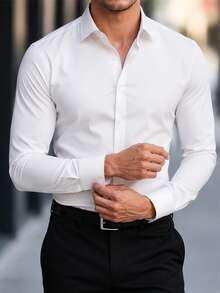 Manfinity Mode Kemeja Pria Lengan Panjang Putih Polos, Kemeja Kasual Musim Panas untuk Bisnis, Pertunangan, dan Acara Formal dengan Kancing Depan, Gaya Klasik untuk Pernikahan dan Upacara. - Putih - View 3