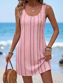 EMERY ROSE Women's Striped Round Neck Casual Sleeveless Mini Dress - Multicolor - View 4