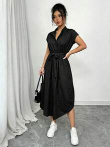 SHEIN Raffinéa 女款純色腰部打結設計百褶休閒日常夏季洋裝 - 黑色 - 查看 4