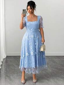 Elenzga Women's Spring/Summer Elegant Square Neck Petal Sleeve Mesh Embroidery Plus Size Dress - Blue - View 5