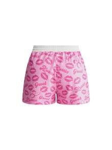 Mean Girls | ROMWE Plus Size Women Lip Print Zip Front Hoodie And Shorts Casual Outfit - Pink - View 6