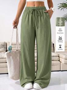 Solflare Spring/Summer Vacation Style Linen Drawstring Tie Pants Plus Size - Army Green - View 1