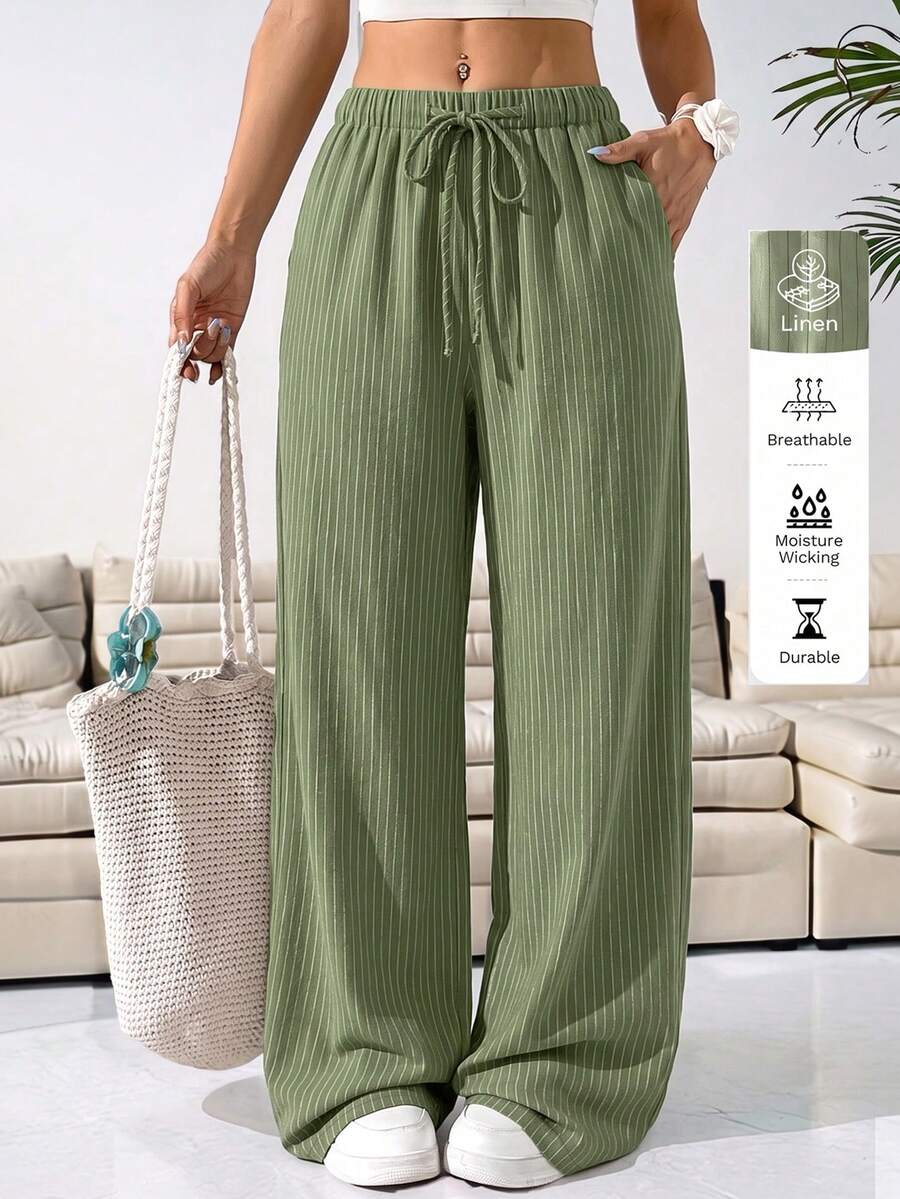 Solflare Spring/Summer Vacation Style Linen Drawstring Tie Pants Plus Size - Army Green - View 1