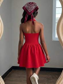 SHEIN 女童休閒時尚波點掛脖 A 字洋裝 - 紅色 - 查看 4