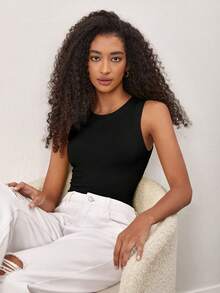 SHEIN BASICS Solid Slim Tank Top Summer Tops - Black - View 10
