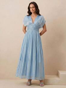 Anewsta Women's New Spring/Summer Elegant Shiny Noble V-Neck Pleated Shoulder Strap Waist-Flattering Dress For Party, Holiday, Gathering - Blue - View 4