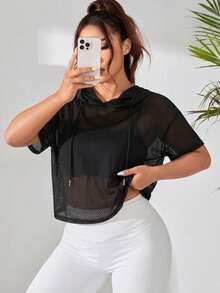 SHEIN Rhythm Era 加大码女式夏季薄纱网眼短袖抽绳连帽卫衣 - 黑色 - 查看 7