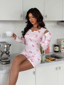 ZzzCrew Bow Print Long Sleeve Fitted Pajama Jumpsuit - Pink - View 5