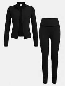SHEIN Serisse Kids Tween Girl Casual Modest All Black Line Yoga Sports Slim Fit Zip-Up Stand Collar Knit Solid Color Top High Waist Leggings Set Summer - Black - View 2