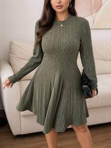 Lounesse Vestido de Talla Grande Casual Acanalado Cepillado Ajuste Delgado Línea A Otoño - Verde - Ver 1