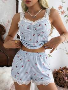 CottageSlumber Women's Romantic Cherry Pattern Lace Decor Pajama Set - Blue - View 3