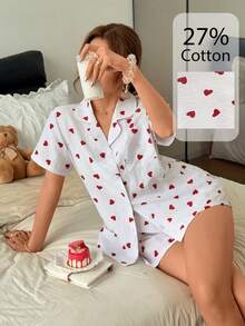 Napfluff 女款愛心對比色開襟家居服套裝 - 紅色 - 查看 6