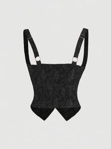 SHEIN MOD Women's Casual Front Button Wide Strap Minimalist Black Blouse For Everyday Wear,Vintage Outfits, Women Clothes - Black - View 2