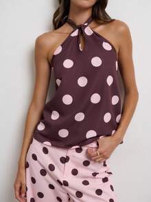 Nöista Setelan Atasan Halter Polkadot dan Celana Panjang Lebar dengan Desain yang Serasi. Sempurna untuk Liburan, Pesta, Liburan di Resor, dan Gaya yang Menonjol. - Berwarna merah muda - View 8