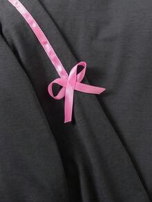 SHEIN 女童大童休閒度假舒適簡約學院風可愛蝴蝶結對比色織帶兩件套 - 黑色 - 查看 7