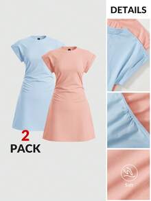 SHEIN BASICS 2件/組 女款休閒素色針織圓領短袖迷你洋裝 夏季服飾 - 彩色 - 查看 10