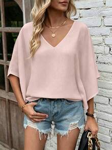 EMERY ROSE Camisa de manga de murciélago de unicolor casual, verano - Rosa Pálido - Ver 5