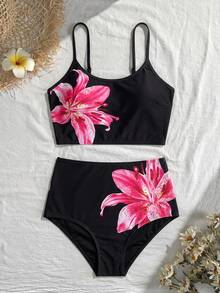 Swim Lushoire 女款花卉印花分體式比基尼上衣與三角比基尼下褲兩件式泳衣套裝 - 彩色 - 查看 3