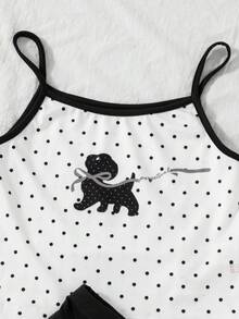 SHEIN Elladie kids 女童白色與黑色波點兩件套，上衣附蝴蝶結與小狗印花，搭配波點短褲，黑白配色，簡約清新，可愛卡通元素，柔軟俏皮，適合夏季 - 黑與白 - 查看 4