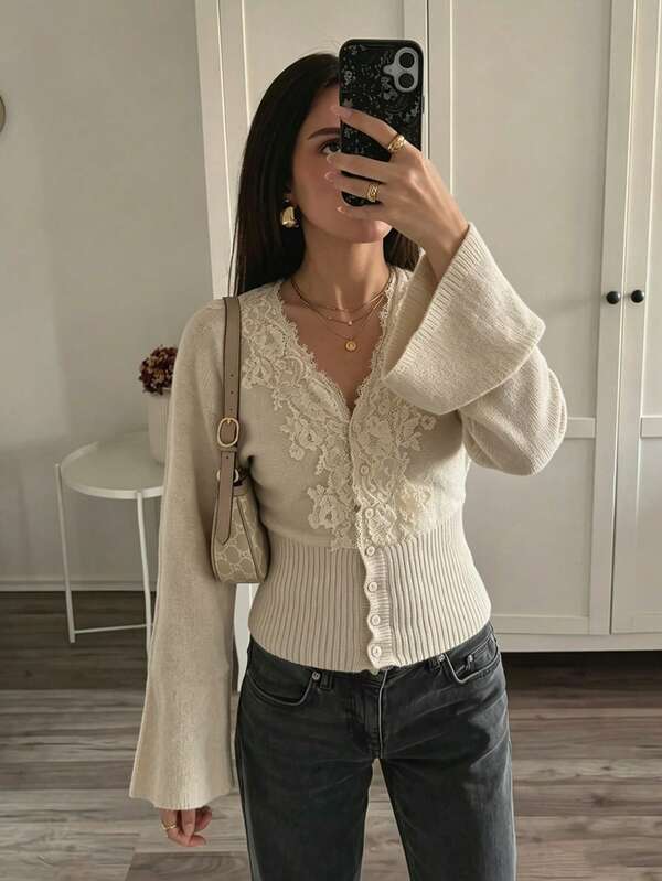 Siren Gaze Autumn New Lace Patchwork V-Neck Waist-Cinching Knit Cardigan For Women