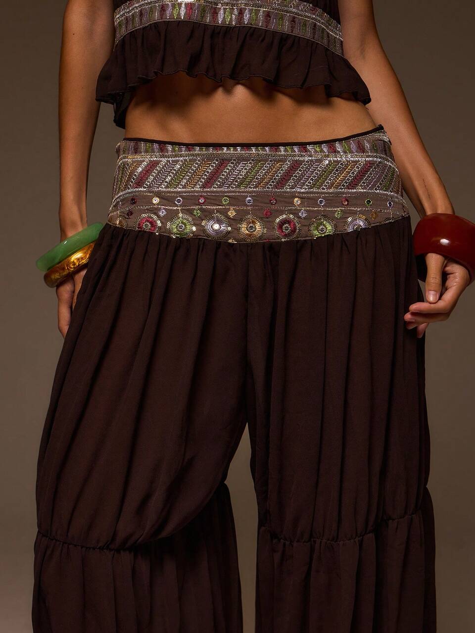 Black Chiffon Balloon Gathered Trim Detail Pants
