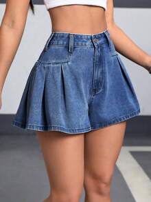 SHEIN PETITE Women's High Waist Pleated Casual Loose Denim Shorts ,Petite Women - Blue - View 3