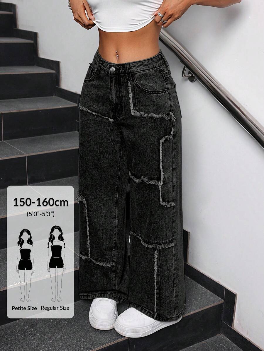 SHEIN PETITE 女款寬鬆版型口袋毛邊寬腿休閒牛仔褲,適合嬌小女性 - 黑色 - 查看 1