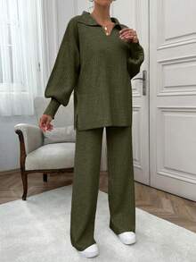 EURMUSE Rib Pattern Polo Neck Sweater And Pant 2pcs Set Everyday Olive Green Autumn Minimalist Casual - Army Green - View 7