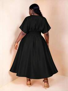 CurvyTilda Plus Size Women's Solid Color Pleated Elegant Satin Dress Black - Black - View 2