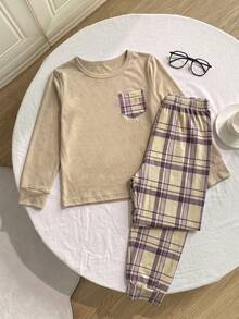 SHEIN 小男孩拼接格紋口袋長袖上衣與長褲居家服套裝 - 卡其色 - 查看 3
