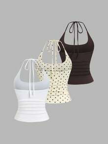 Sweetra Women's Spring/Summer Slimming Sexy Y2K Halter Neck Elegant Backless White Beige Chocolate Brown 3 Pieces Set Top Vacation - Multicolor - View 2