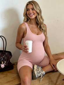SHEIN Maternity Solid Color Camisole Style Athletic Romper - Pink - View 1