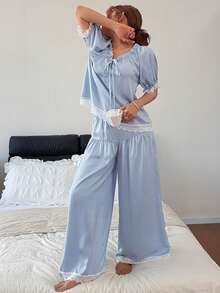 DAZY Women's Contrast Lace Front Tie Top And Pants Pajama Set - Blue - View 7