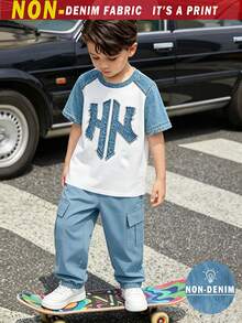 SHEIN 1 Set Minimalist Short Sleeve T-Shirt And Cargo Pants, Suitable For Little Boys Spring Summer Autumn Wear, Simple Casual Daily Style - Multicolor - View 3