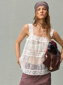 SHEIN French Vintage Black & White Musical Note Embroidered Lace Trim Square Neck Doll Top Vest - White - View 4
