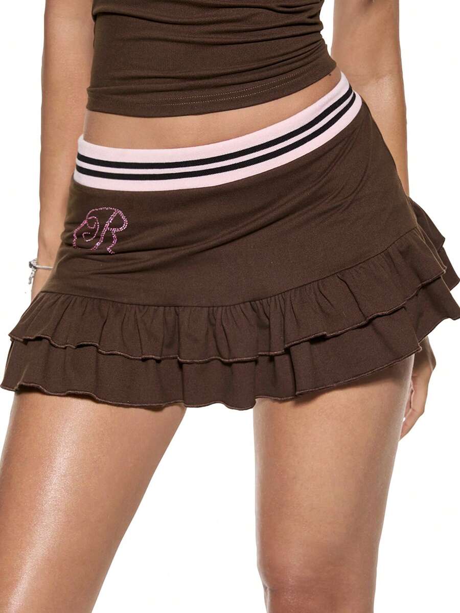 Mean Girls | ROMWE Women's T-Shirt Skirt With Rhinestone Off-Shoulder Meangirls Collaboration Y2K Slim Fit Ribbed Collar Knit Sexy - Mocha Brown - View 1