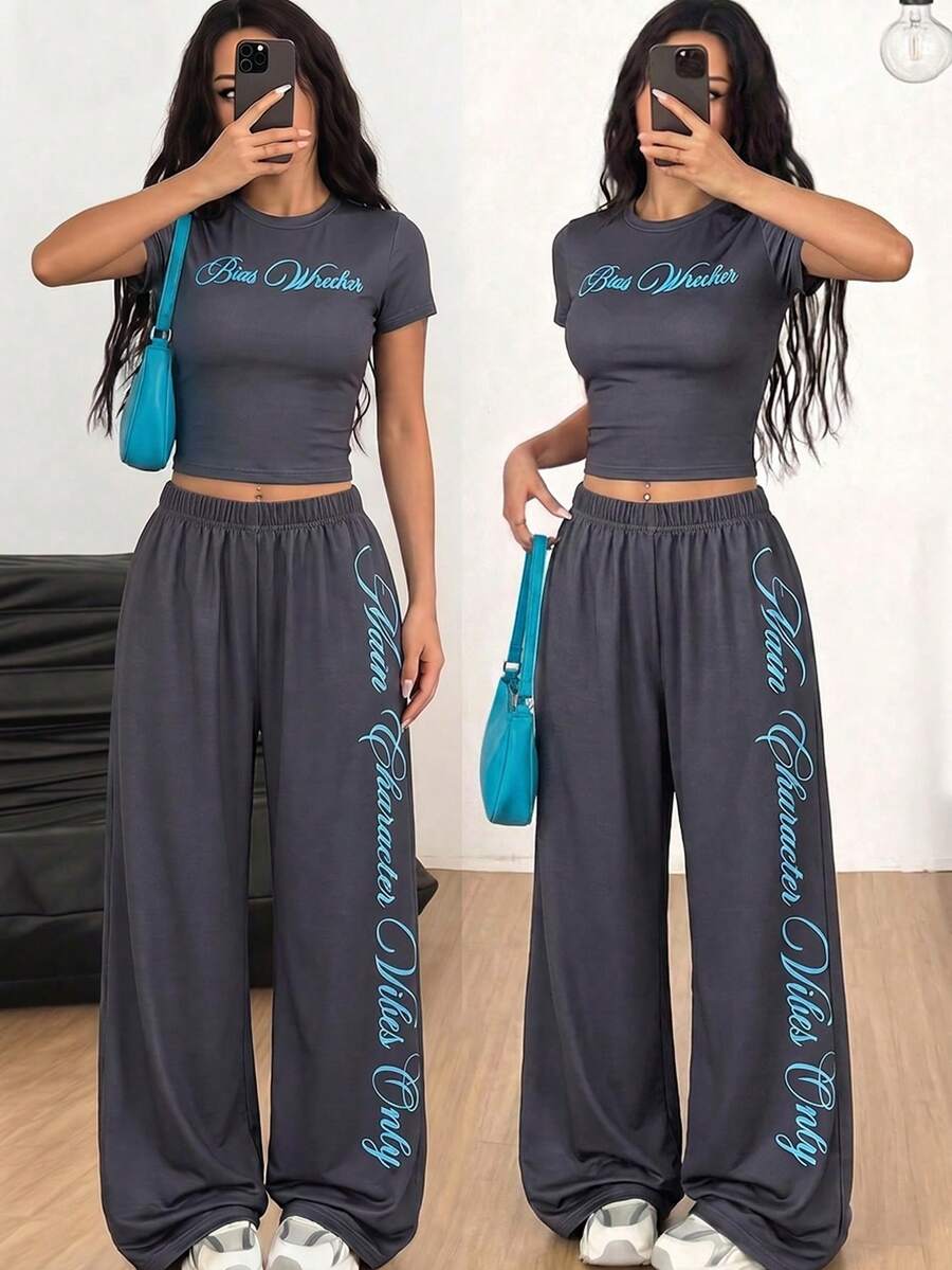 SHEIN 青少年深灰色與藍色字母印花套裝,極簡百搭時尚舒適,適合外出、街頭攝影、旅行、運動與休閒 - 深灰色 - 查看 1