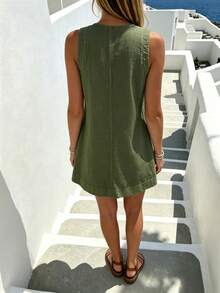 Pariaura Minimalist White Linen Sleeveless V-Neck Dress / Relaxed Fit A-Line Dress / Korean Gentle Style / Casual Commute Short Dress - Army Green - View 2