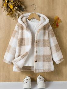 Elladie kids 女童 4-8 歲夾克，奶咖格紋軟絨連帽外套，適合秋冬、戶外活動、上學 - 卡其色 - 查看 4